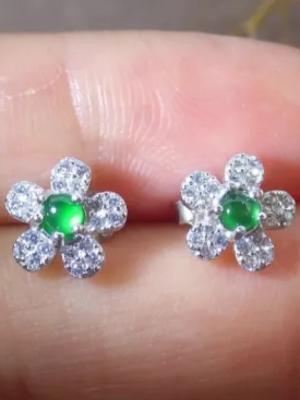 Sterling Silver 925 Green 100% A Jade jadeite Cabochon Earrings 耳环